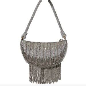 NWT Anthropologie BHLDN Mini Half Moon Silver Glass Beads Fringe Formal Shoulder